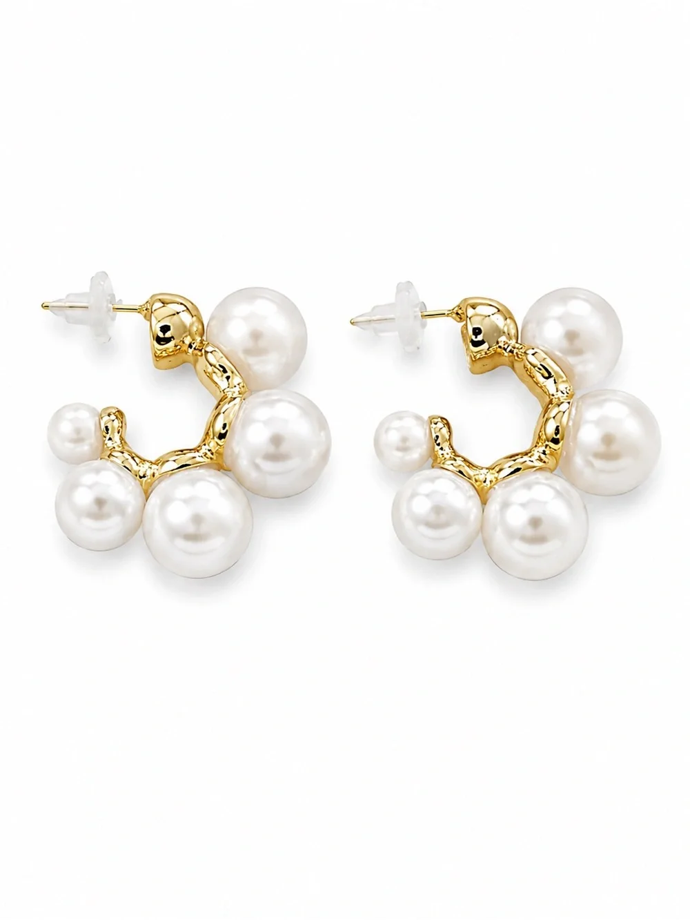 Lightweight Faux‎ Pearl Hoop Earrings Gold Tone Acrylic Pearl Statement NWT.